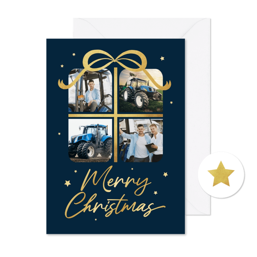 Zakelijke kerstkaart cadeau fotocollage goud sterren - Kaartimpressie