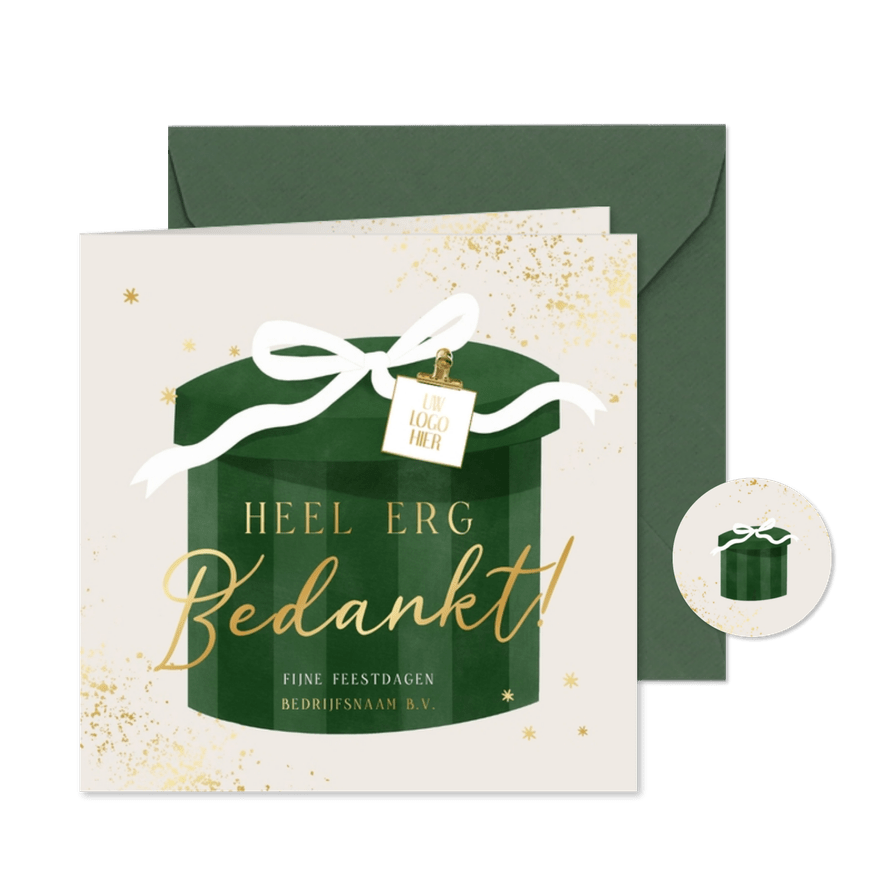Zakelijke kerstkaart cadeau strik bedankt logo goud - Kaartimpressie