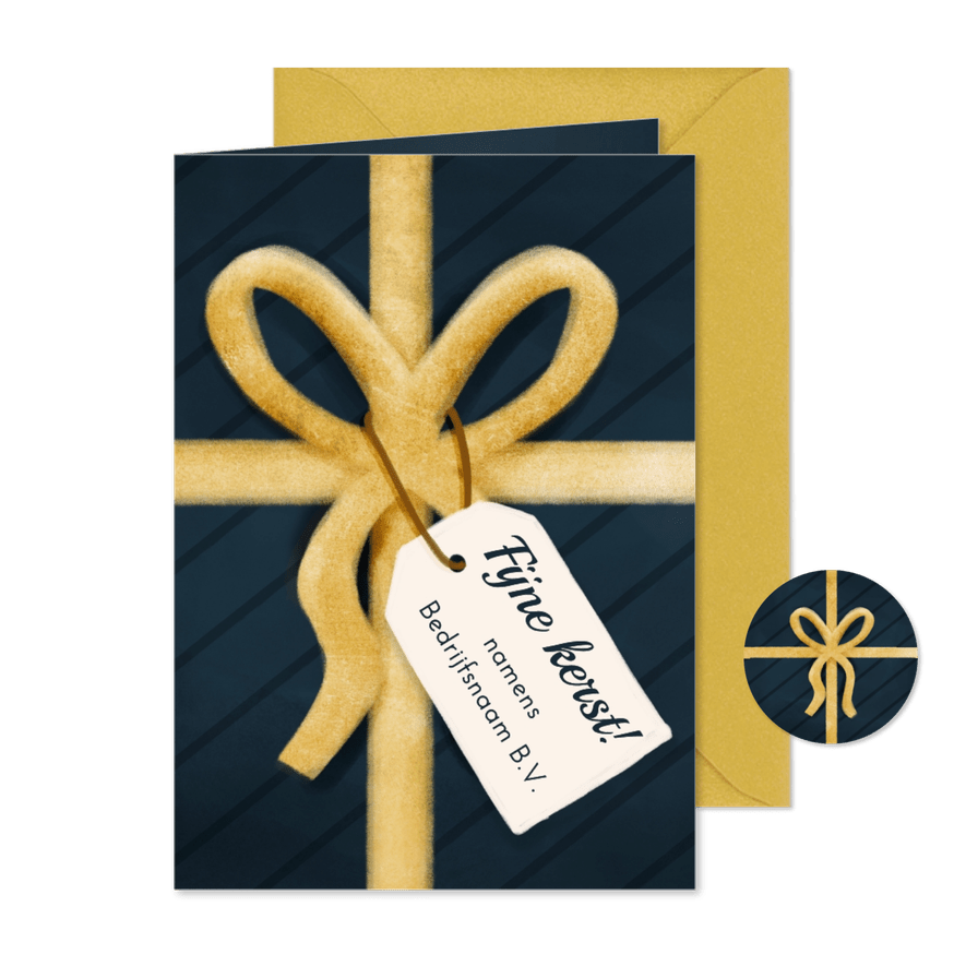 Zakelijke kerstkaart cadeautje donkerblauw gouden strik - Kaartimpressie