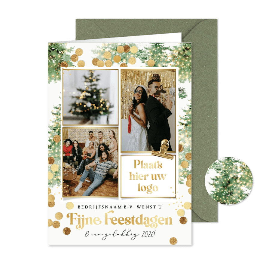 Zakelijke kerstkaart collage kerstbomen kerstlichtjes goud - Kaartimpressie