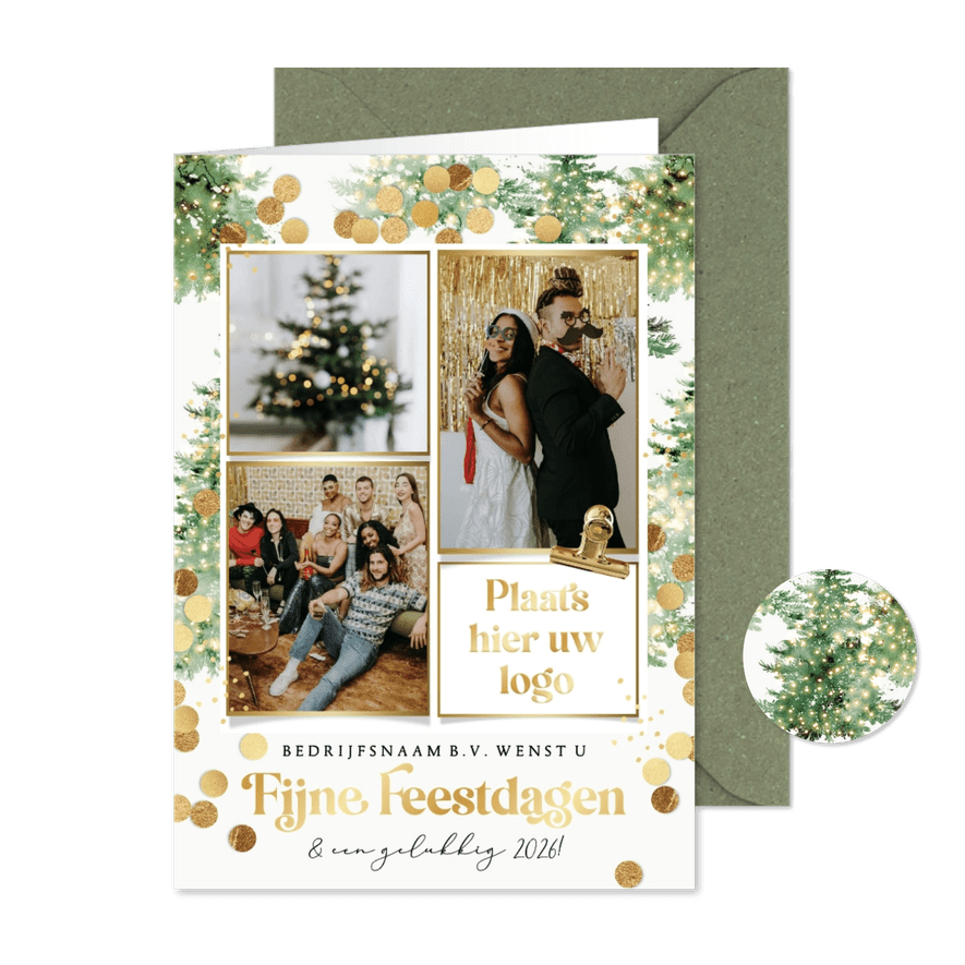 Zakelijke kerstkaart collage kerstbomen kerstlichtjes goud - Kaartimpressie