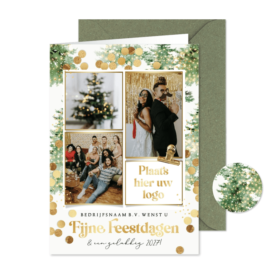 Zakelijke kerstkaart collage kerstbomen kerstlichtjes goud - Kaartimpressie