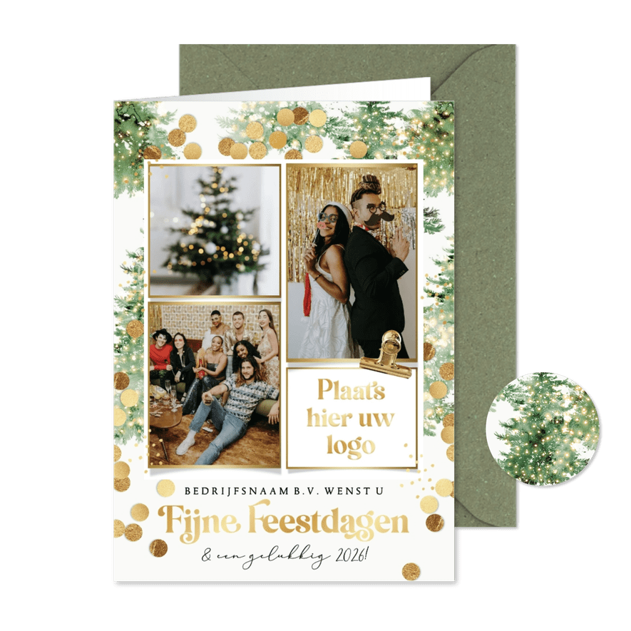 Zakelijke kerstkaart collage kerstbomen kerstlichtjes goud - Kaartimpressie