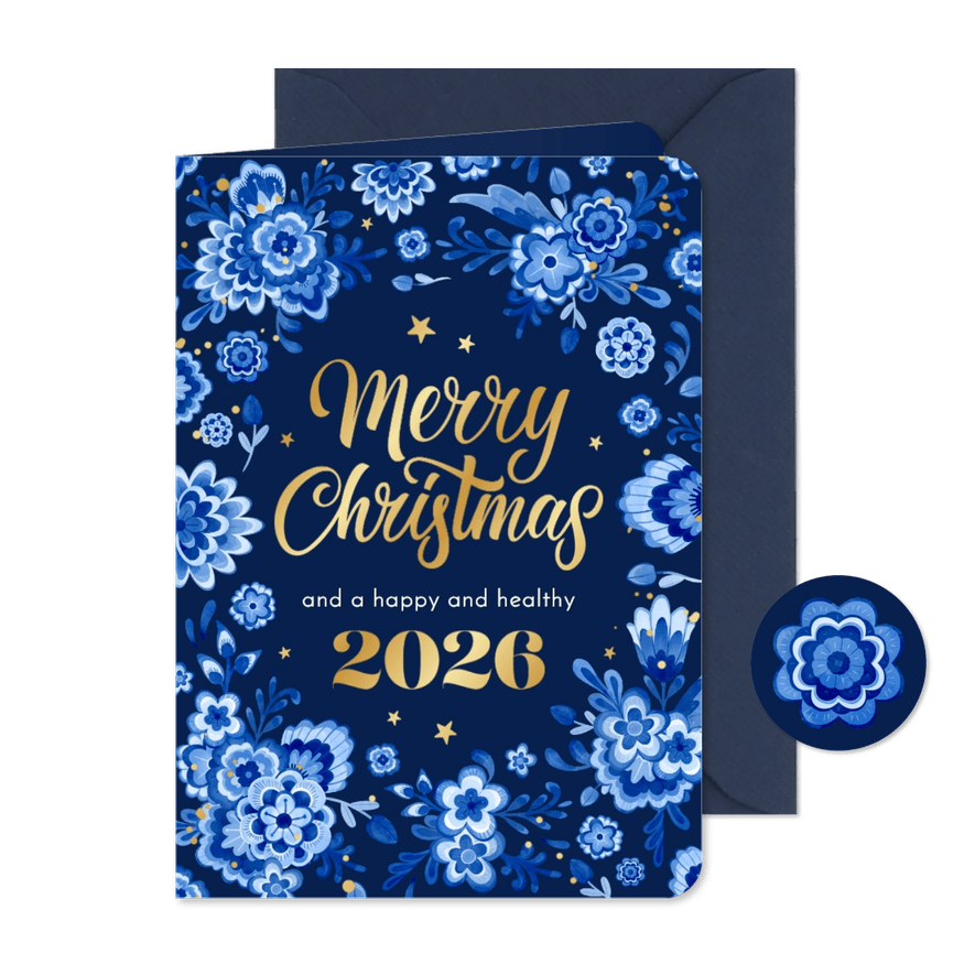 Zakelijke kerstkaart delfts blauw stijlvol bloemen goud 2026 - Kaartimpressie
