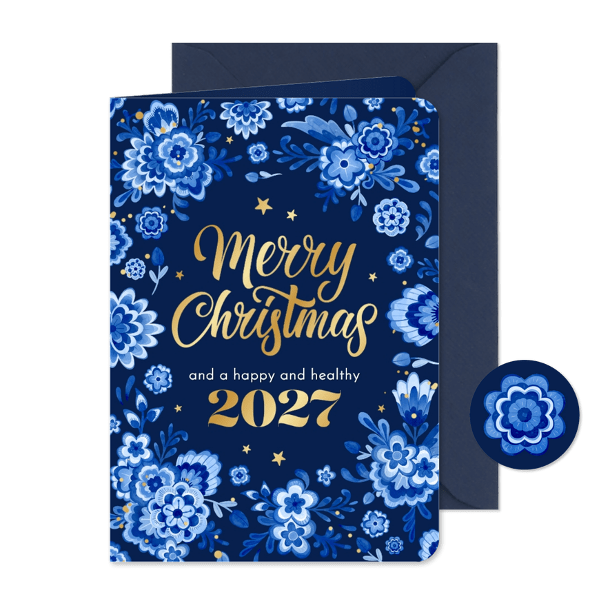 Zakelijke kerstkaart delfts blauw stijlvol bloemen goud 2027 - Kaartimpressie