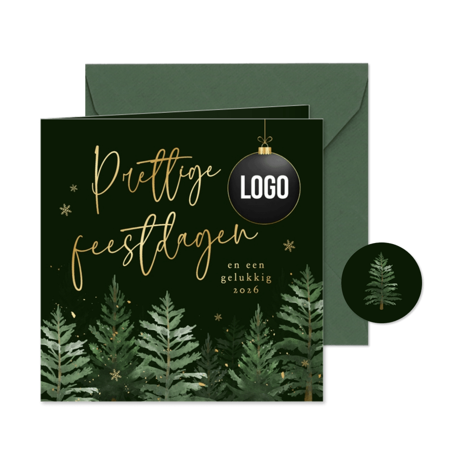 Zakelijke kerstkaart dennenbomen groen goud sneeuw kerstbal - Kaartimpressie