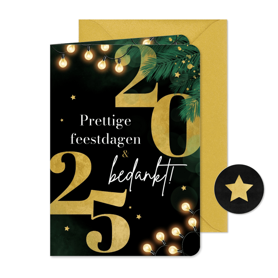 Zakelijke kerstkaart dennentakjes goud sterren 2025 - Kaartimpressie