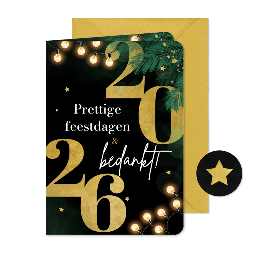 Zakelijke kerstkaart dennentakjes goud sterren 2026 - Kaartimpressie