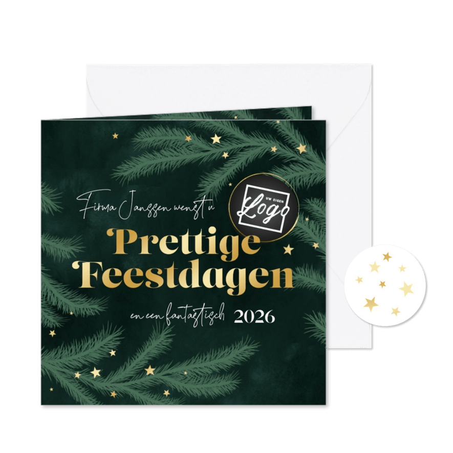 Zakelijke kerstkaart dennentakjes groen goud sterren logo - Kaartimpressie