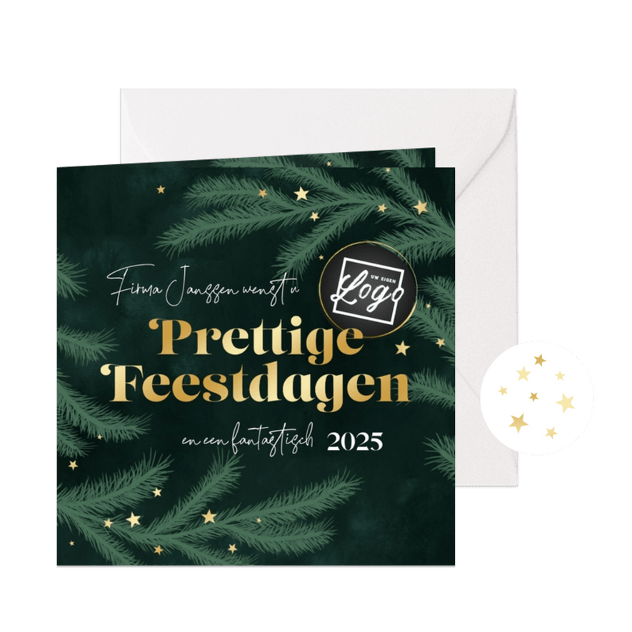 Zakelijke kerstkaart dennentakjes groen goud sterren logo - Kaartimpressie