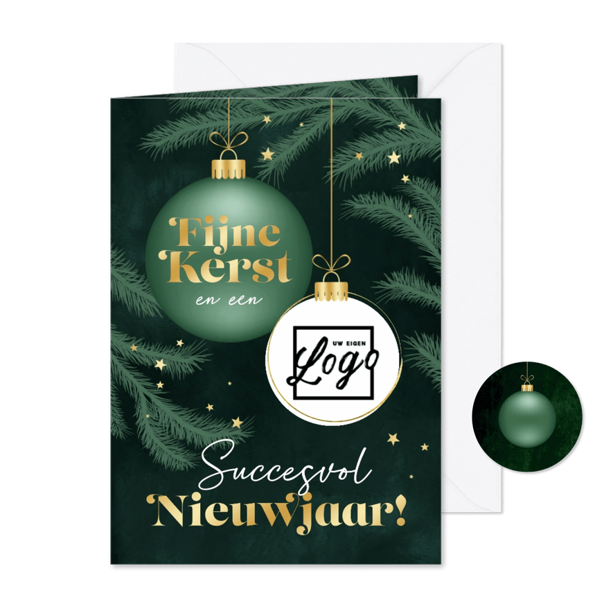 Zakelijke kerstkaart dennentakjes groen sterren kerstbal - Kaartimpressie