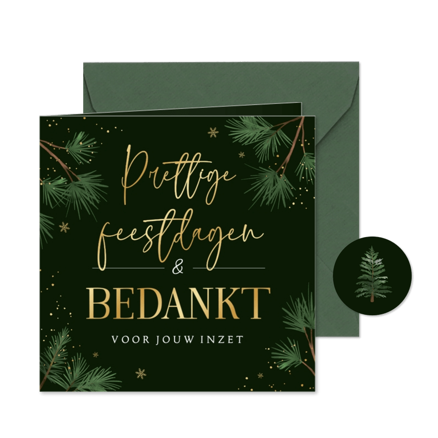 Zakelijke kerstkaart dennentakjes sneeuw goud bedankt - Kaartimpressie