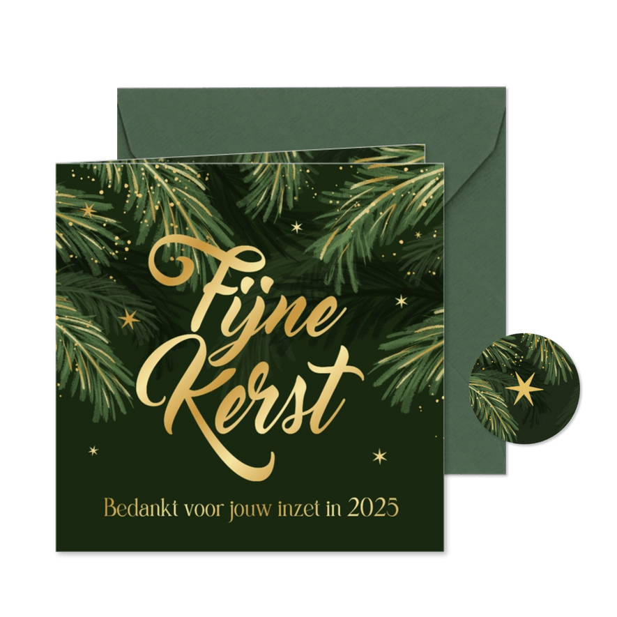 Zakelijke kerstkaart dennentakken fijne kerst goud bedankt - Kaartimpressie