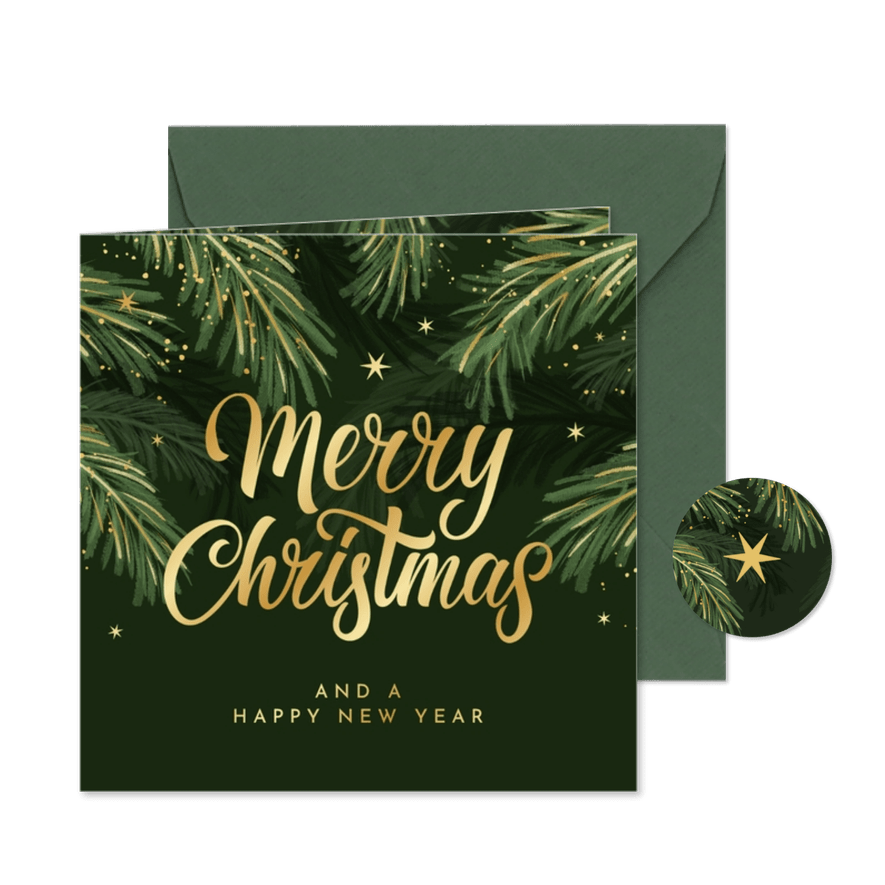 Zakelijke kerstkaart dennentakken goud merry christmas - Kaartimpressie