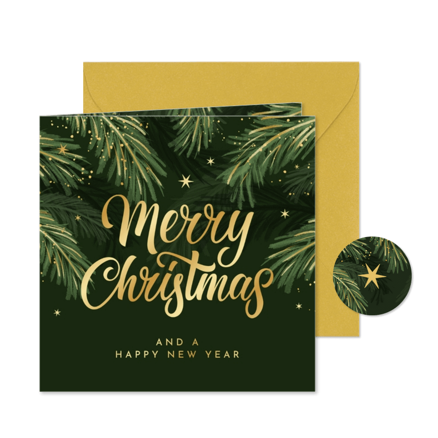 Zakelijke kerstkaart dennentakken goud merry christmas - Kaartimpressie