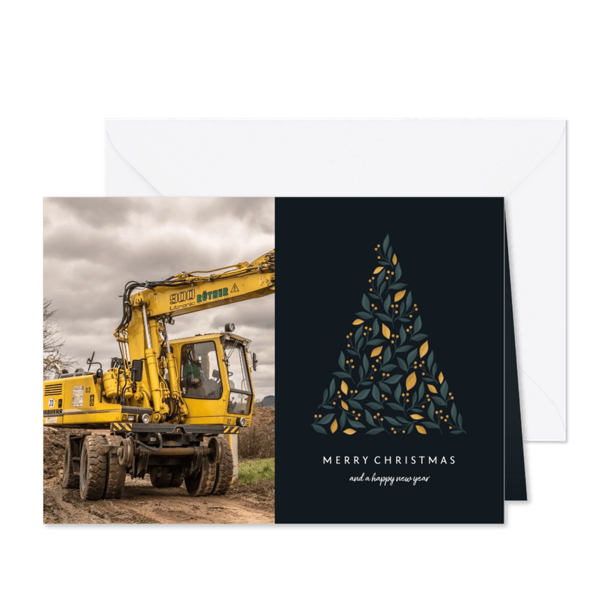 Zakelijke kerstkaart donker met botanische kerstboom en foto - Kaartimpressie