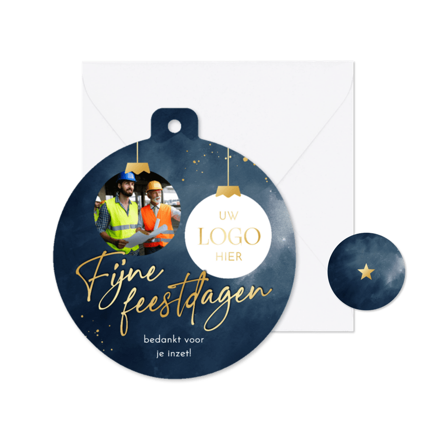 Zakelijke kerstkaart donkerblauw met twee foto kerstbalvorm - Kaartimpressie
