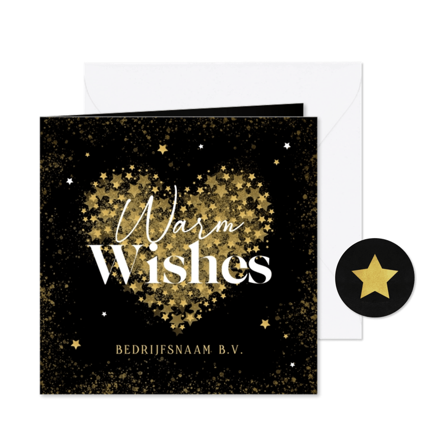 Zakelijke kerstkaart engels warm wishes hart goud sterren - Kaartimpressie