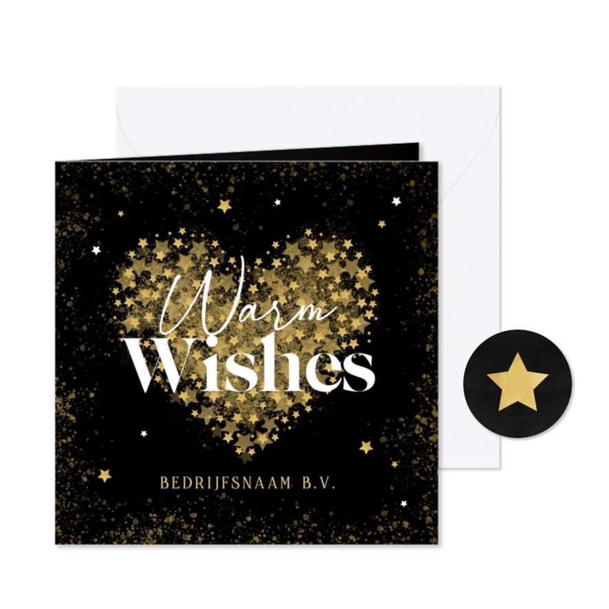 Zakelijke kerstkaart engels warm wishes hart goud sterren - Kaartimpressie
