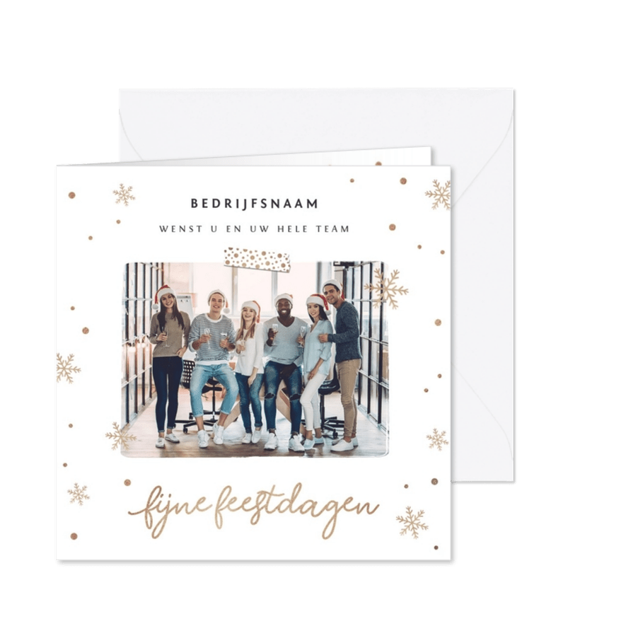 Zakelijke kerstkaart feestdagen goud sneeuwvlokken en foto - Kaartimpressie