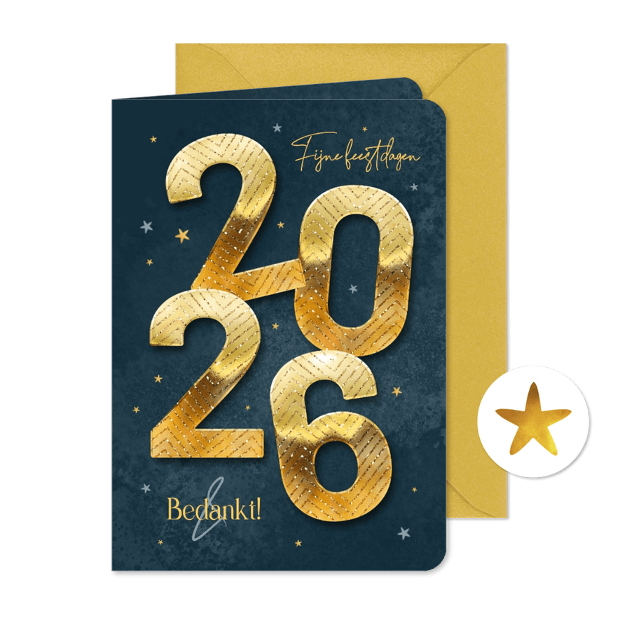 Zakelijke kerstkaart fijne feestdagen 2026 goud sterren - Kaartimpressie