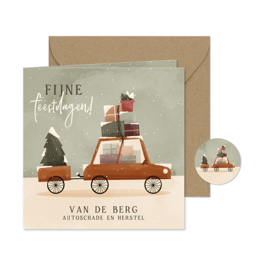 Zakelijke kerstkaart fijne feestdagen auto dozen kerstboom - Kaartimpressie