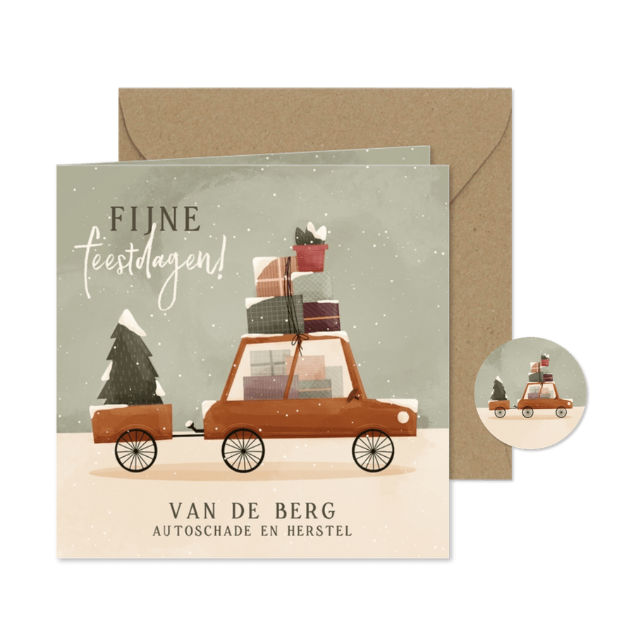 Zakelijke kerstkaart fijne feestdagen auto dozen kerstboom - Kaartimpressie