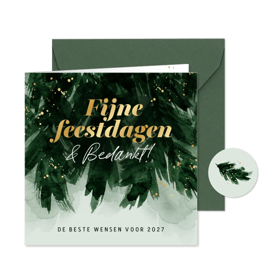 Zakelijke kerstkaart fijne feestdagen dennentakken goud - Kaartimpressie
