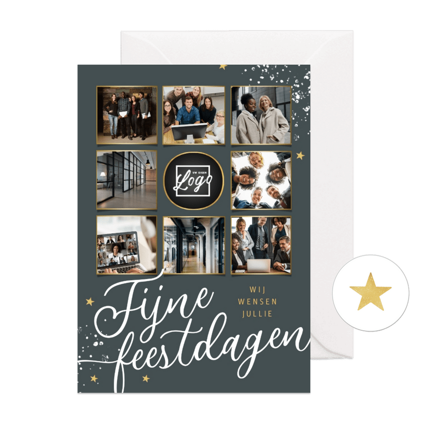 Zakelijke kerstkaart fijne feestdagen fotocollage goud - Kaartimpressie