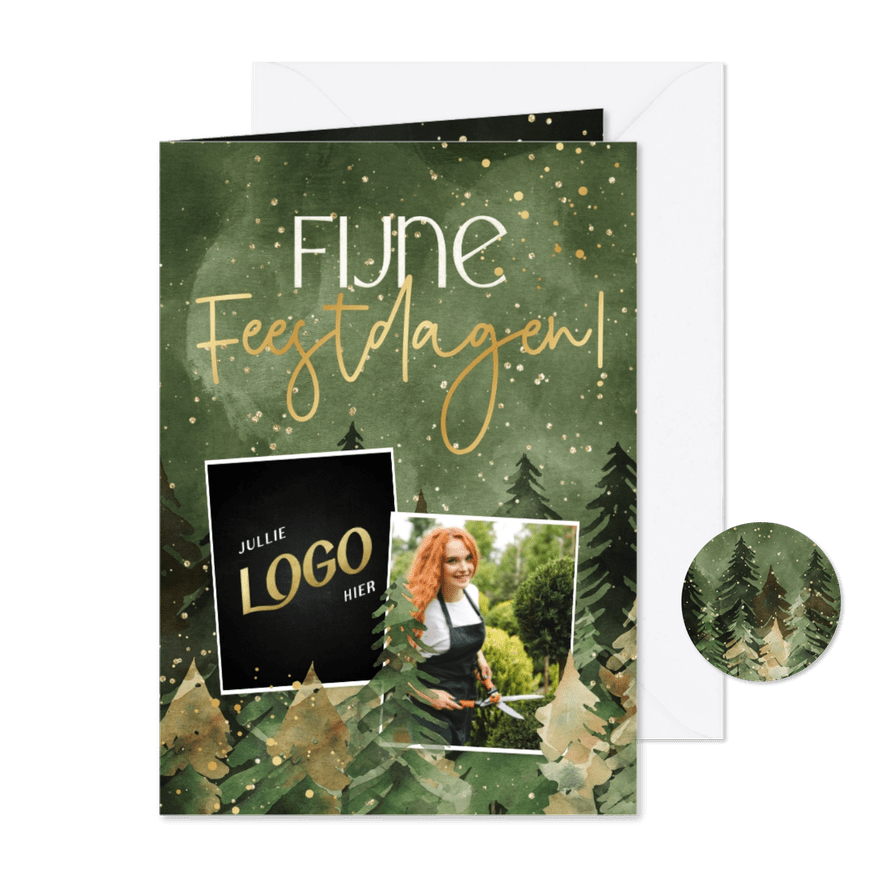 Zakelijke kerstkaart Fijne Feestdagen foto's kerstbomen goud - Kaartimpressie