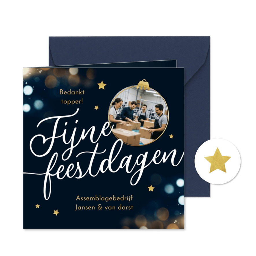 Zakelijke kerstkaart fijne feestdagen kerstbal sterren bokeh - Kaartimpressie