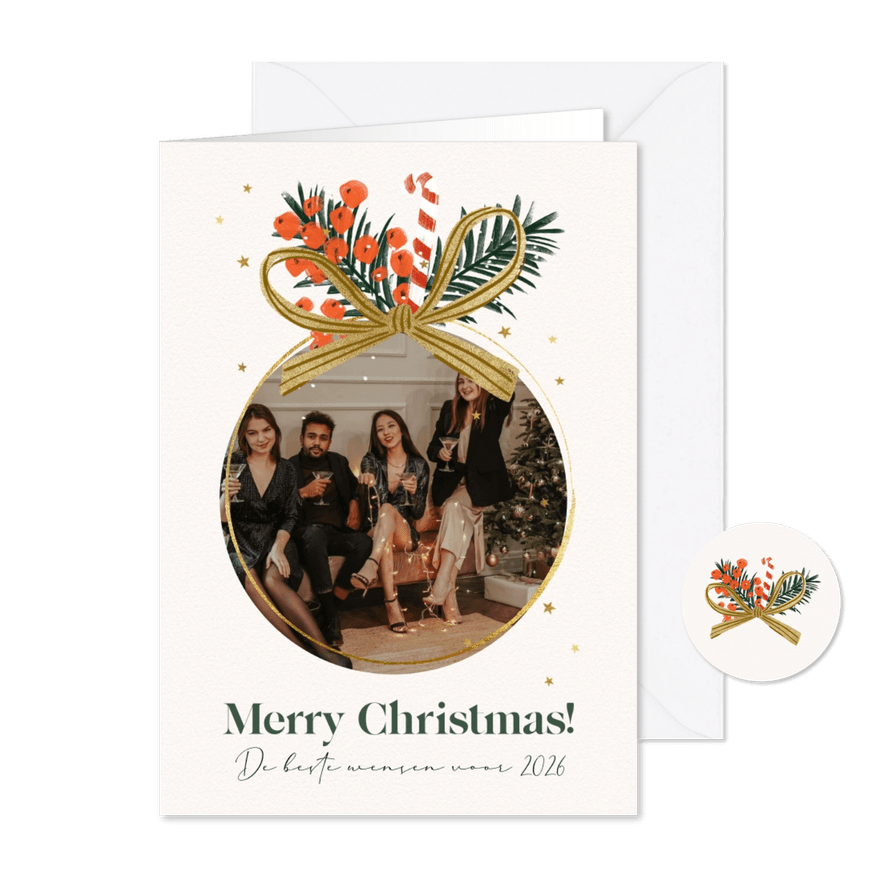Zakelijke kerstkaart foto kerstbal kerstornament strik goud - Kaartimpressie