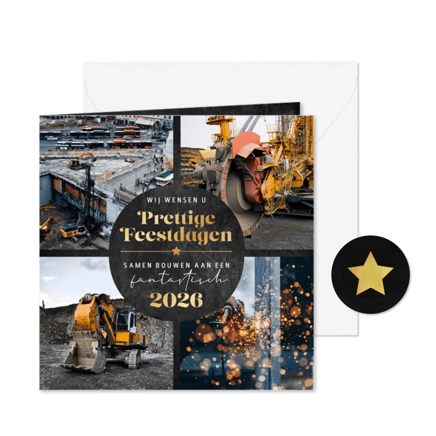 Zakelijke kerstkaart fotocollage fijne feestdagen bouw 2026 - Kaartimpressie