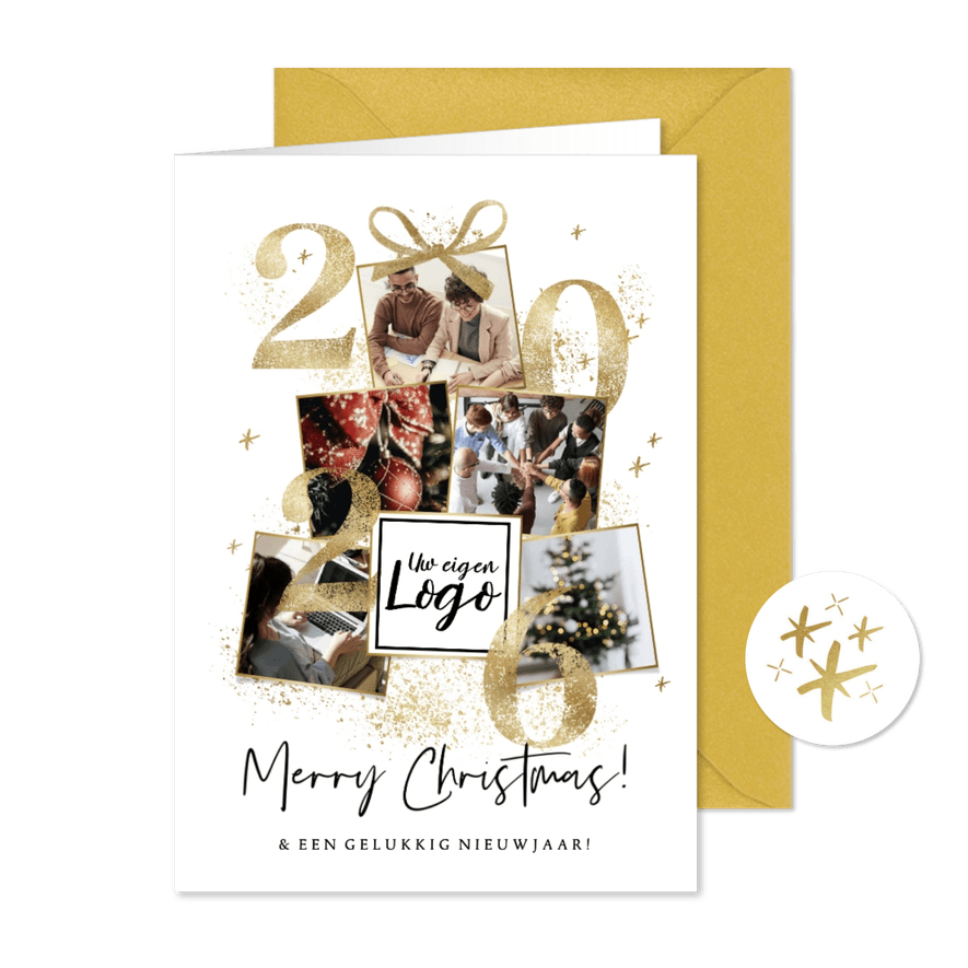 Zakelijke kerstkaart fotocollage kerstboom goudlook 2026 - Kaartimpressie
