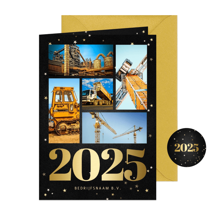 Zakelijke kerstkaart fotocollage met gouden 2025 en sterren - Kaartimpressie