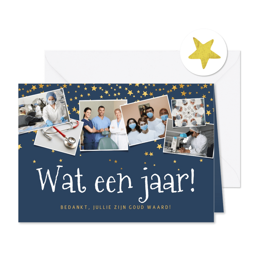 Zakelijke kerstkaart fotocollage wat en jaar sterren goud - Kaartimpressie