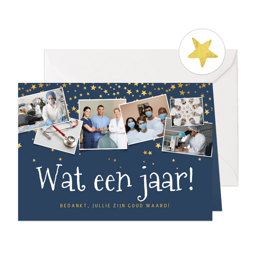 Zakelijke kerstkaart fotocollage wat en jaar sterren goud - Kaartimpressie