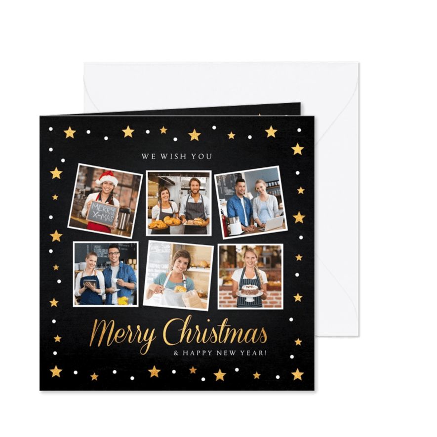 Zakelijke kerstkaart fotocollage zwart goudlook sterren - Kaartimpressie
