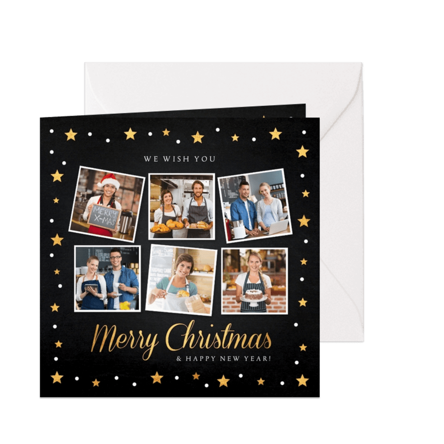 Zakelijke kerstkaart fotocollage zwart goudlook sterren - Kaartimpressie