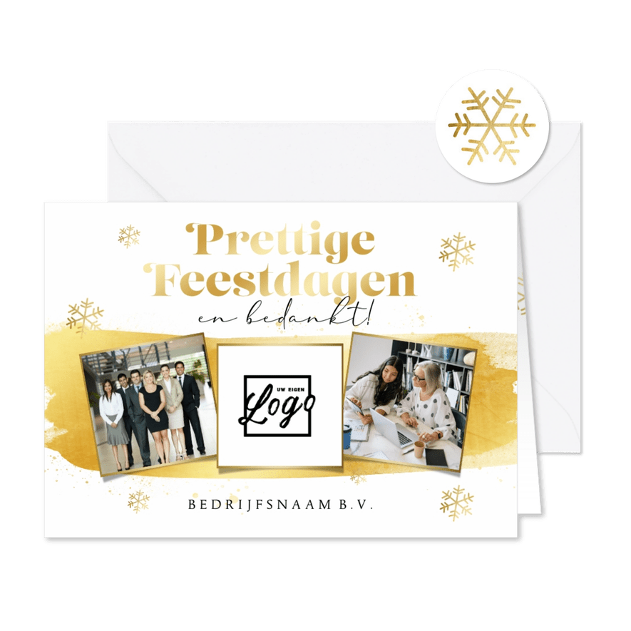 Zakelijke kerstkaart goud sneeuw foto's logo bedankt - Kaartimpressie