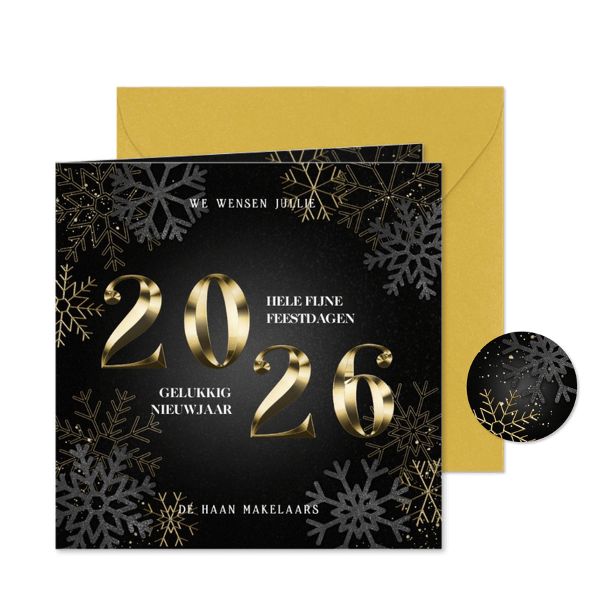 Zakelijke kerstkaart gouden 2026 & sneeuwvlokken - Kaartimpressie