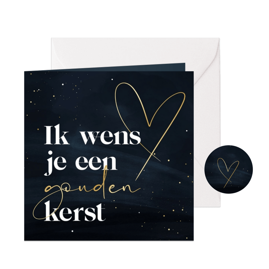 Zakelijke kerstkaart gouden kerst donkerblauw met hart - Kaartimpressie