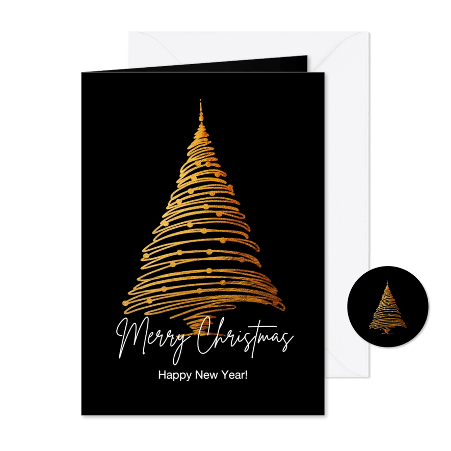 Zakelijke kerstkaart gouden kerstboom en kerstballen - Kaartimpressie