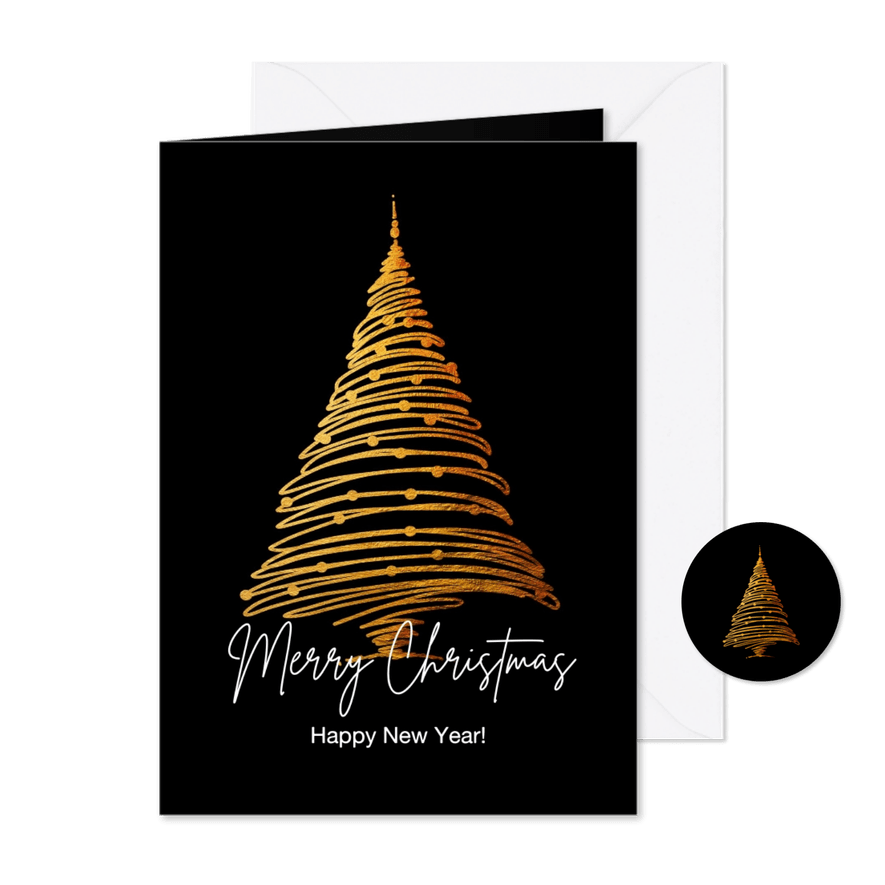 Zakelijke kerstkaart gouden kerstboom en kerstballen - Kaartimpressie