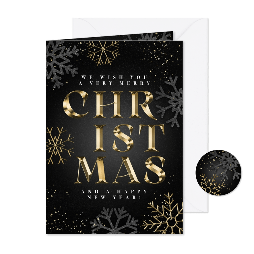 Zakelijke kerstkaart gouden Merry Christmas & sneeuwvlokken - Kaartimpressie