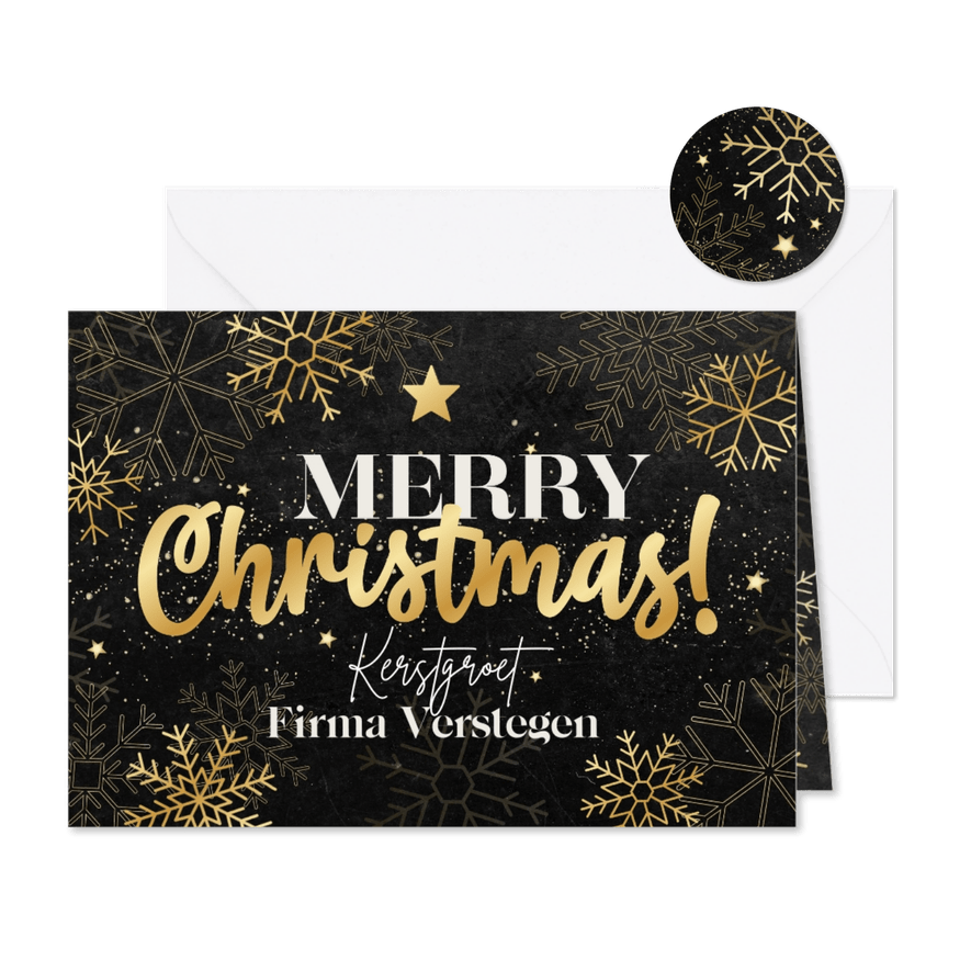 Zakelijke kerstkaart gouden sneeuwvlokken Merry Christmas - Kaartimpressie