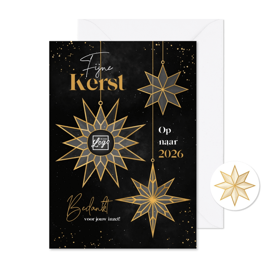 Zakelijke kerstkaart gouden sterren fijne kerst bedankt 2026 - Kaartimpressie