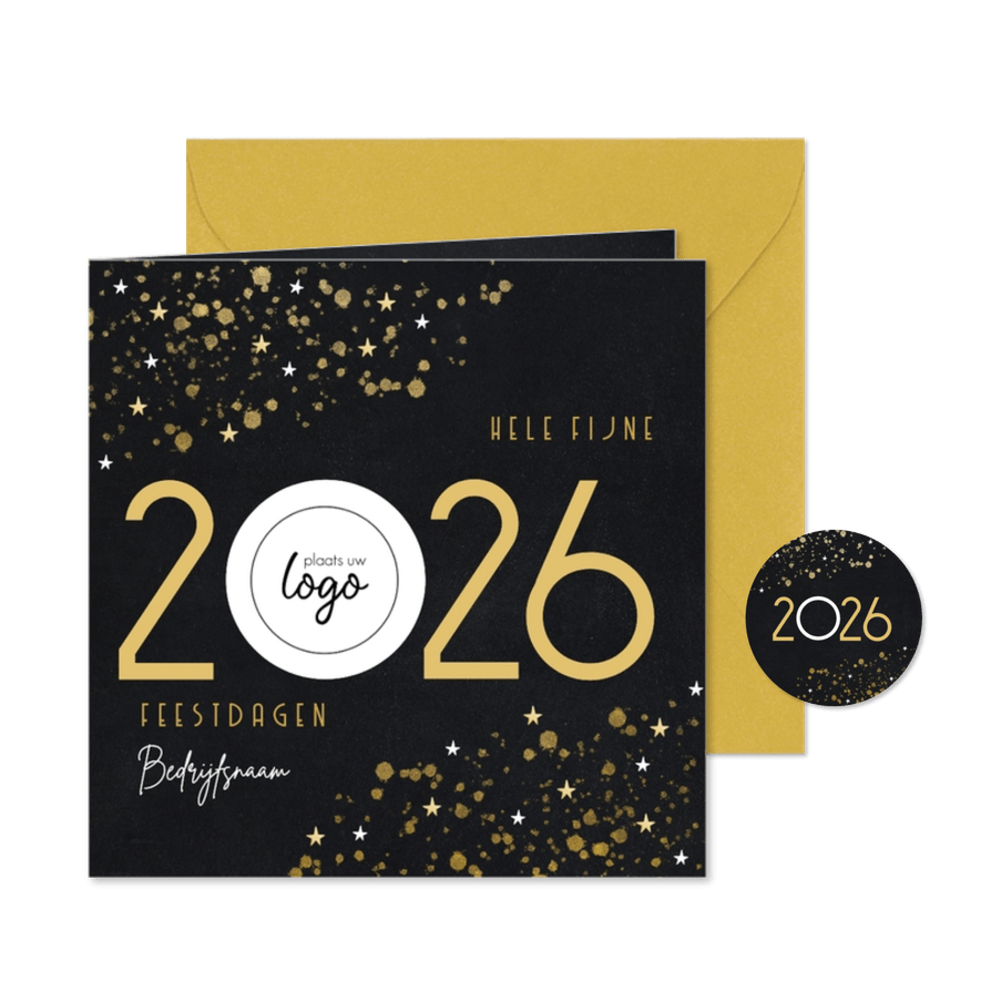 Zakelijke kerstkaart gouden sterren spetters en logo - Kaartimpressie