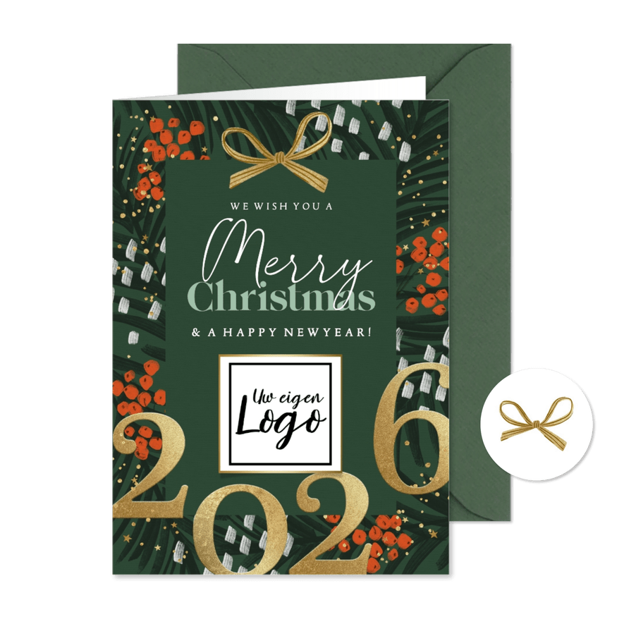 Zakelijke kerstkaart goudlook jaartal kersttakken sterren - Kaartimpressie