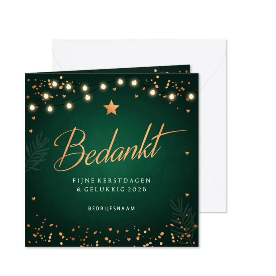 Zakelijke kerstkaart groen bedankt lampjes 2026 koperlook - Kaartimpressie